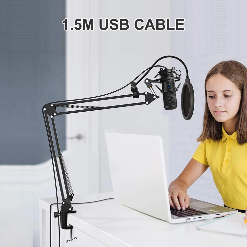 D80 Metal USB Condenser Microphone with Stand for Computer, Laptop, and Studio Recording