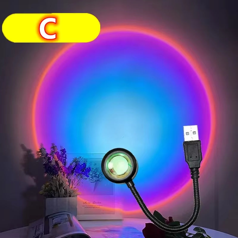 LED Sunset Lamp Projector - USB Rainbow Neon Night Light for Bedroom Decor and Photography Atmosphere Lighting Gift