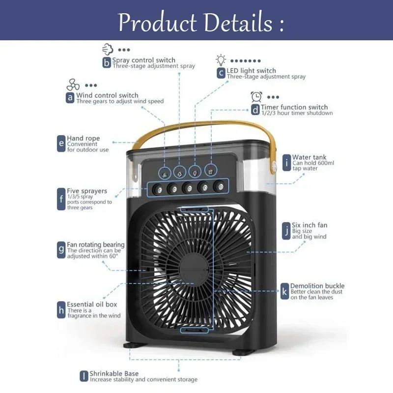 Portable Hydrocooling Air Conditioner Fan with Adjustable Water Mist and 3 Speed Settings for Home and Office Use