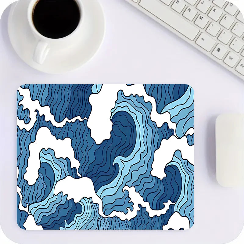 Blue and White Ocean Print E-Sports Gaming Mouse Pad, 2Mm Non-Slip Rubber Sewn Side Long Keyboard Gaming Pad, 31.49 X 11.81 Inch