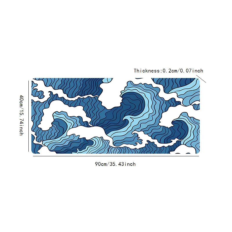 Blue and White Ocean Print E-Sports Gaming Mouse Pad, 2Mm Non-Slip Rubber Sewn Side Long Keyboard Gaming Pad, 31.49 X 11.81 Inch
