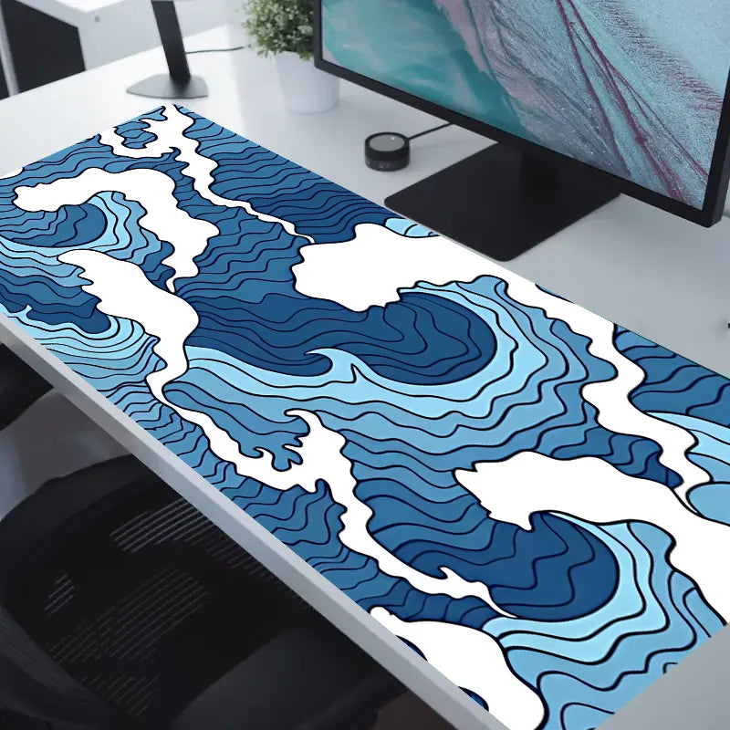 Blue and White Ocean Print E-Sports Gaming Mouse Pad, 2Mm Non-Slip Rubber Sewn Side Long Keyboard Gaming Pad, 31.49 X 11.81 Inch