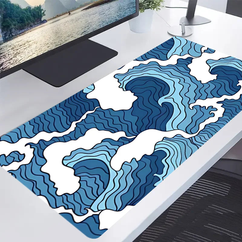 Blue and White Ocean Print E-Sports Gaming Mouse Pad, 2Mm Non-Slip Rubber Sewn Side Long Keyboard Gaming Pad, 31.49 X 11.81 Inch