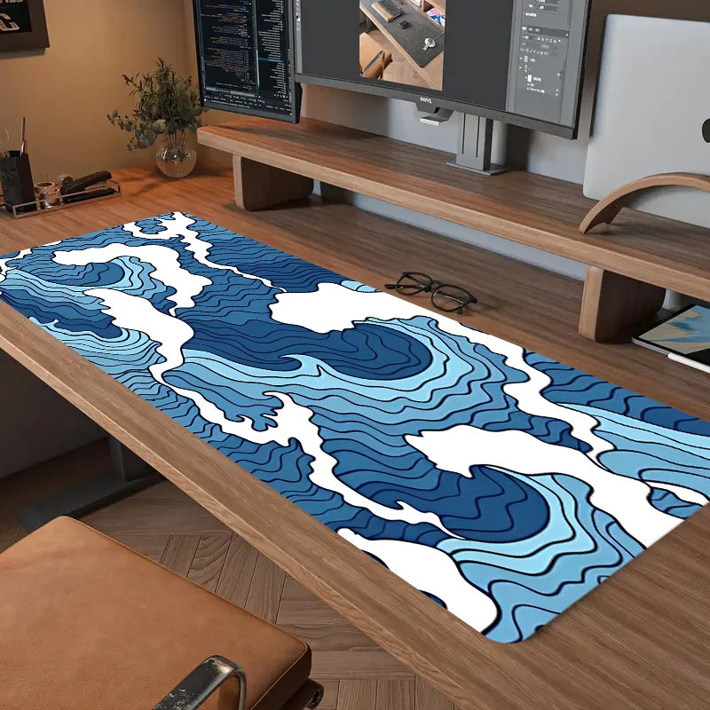 Blue and White Ocean Print E-Sports Gaming Mouse Pad, 2Mm Non-Slip Rubber Sewn Side Long Keyboard Gaming Pad, 31.49 X 11.81 Inch