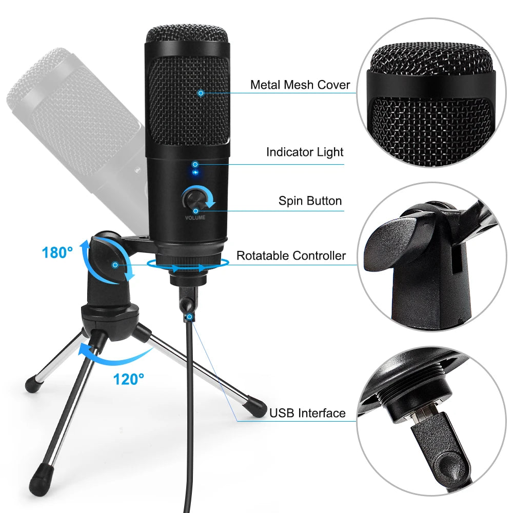 D80 Metal USB Condenser Microphone with Stand for Computer, Laptop, and Studio Recording