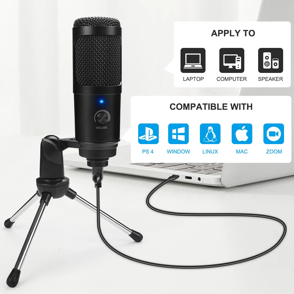 D80 Metal USB Condenser Microphone with Stand for Computer, Laptop, and Studio Recording